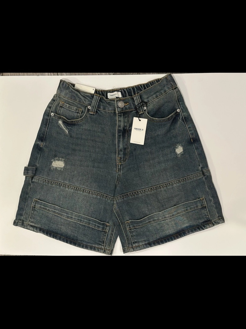 Forever 21 Dark Blue Distressed Denim Bermuda Shorts